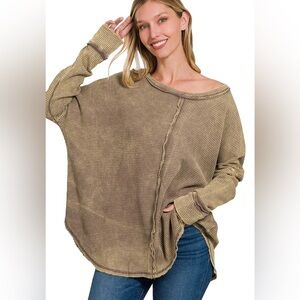 Zenana Outfitters Oversized Waffle Knit Pullover in Olive Taupe Size S/M